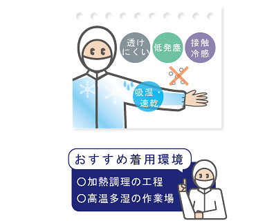 快適性重視で加熱調理の工程や高温多湿の作業場に最適な高品位なユニフォーム