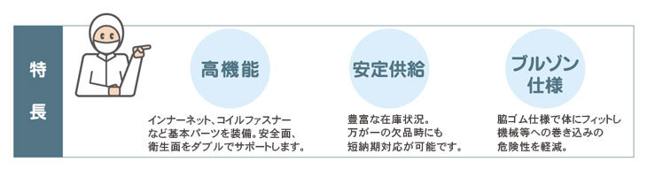 高機能なので安全面・衛生面をダブルでサポート。豊富な在庫で安定供給。脇ゴム仕様のブルゾンタイプ