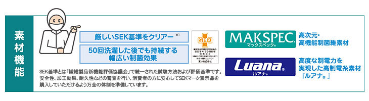 低発塵シリーズ ユニフォーム特徴 食品白衣 厳しいSEK基準をクリアー、50回洗濯した後でも持続する幅広い制菌効果、高次元・高機能制菌維素材