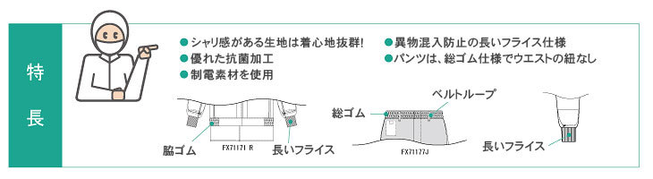 着心地抜群、優れた抗菌加工、制電素材を使用、異物混入防止の長いフライス仕様、ウエスト総ゴム